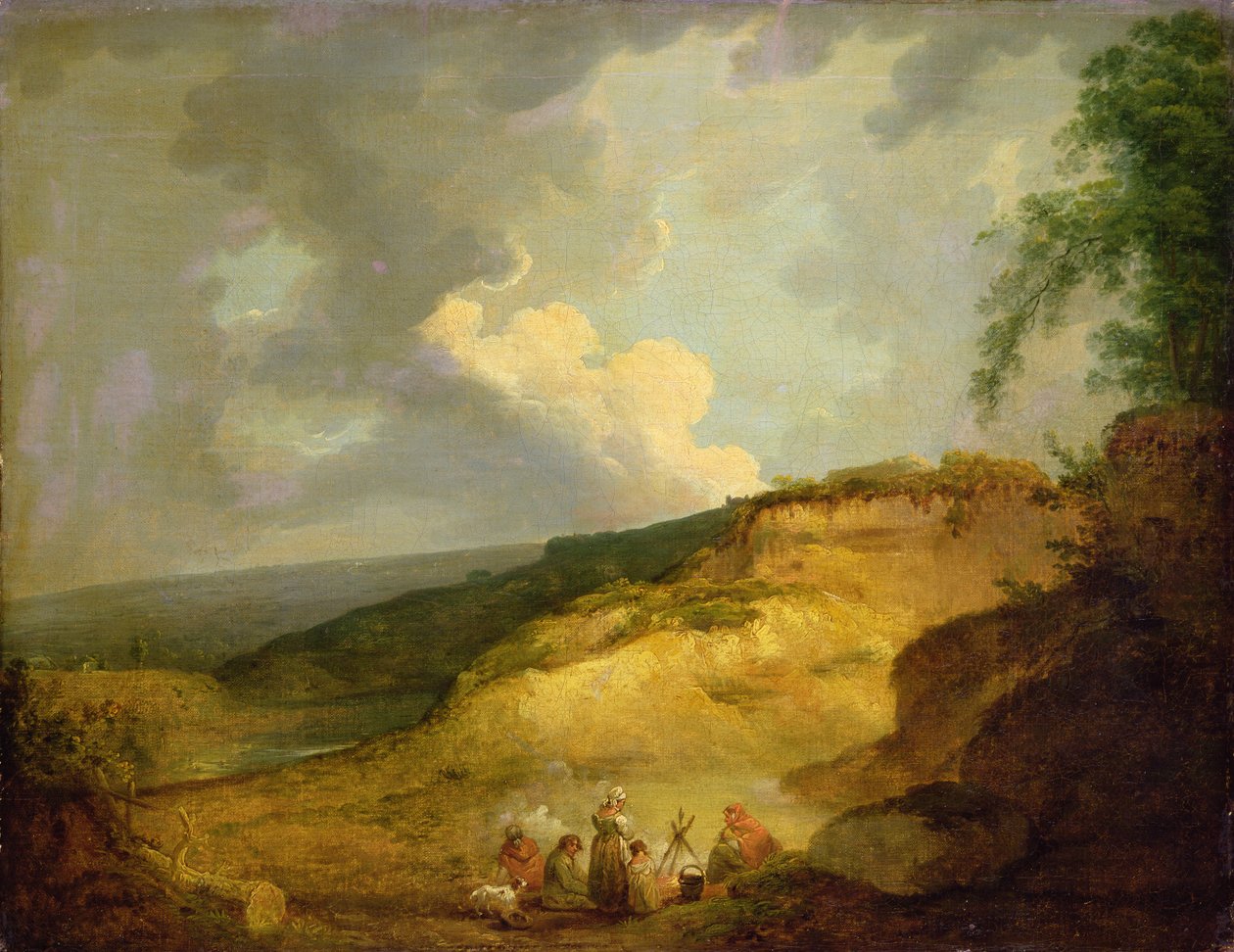 Rozsáhlá hornatá krajina s cikánským táborem v popředí (olej na plátně) od George Morland