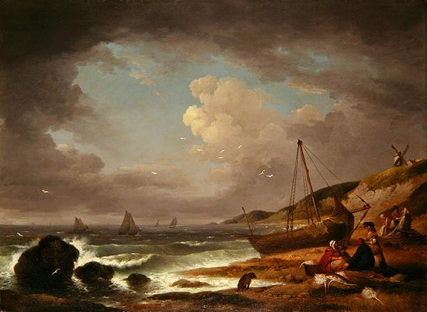 Pobřežní scéna s muži opravujícími loď (olej na plátně) od George Morland