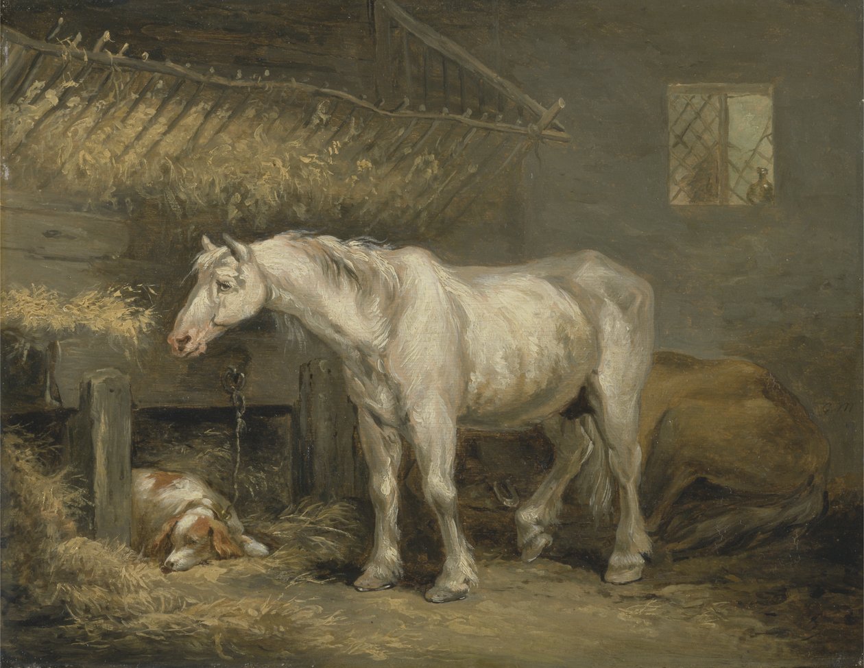 Staří koně se psem ve stáji, cca 1791 (olej na desce) od George Morland