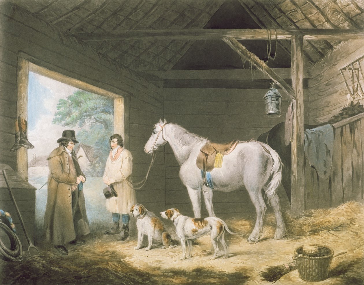 Paying the Hostler, ryl Samuel William Reynolds (1773-1835), hospoda. od H. Macklina, 1805 (mezzotintová rytina) od George Morland