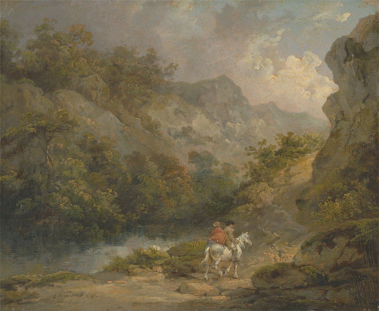 Skalnatá krajina se dvěma muži na koni od George Morland