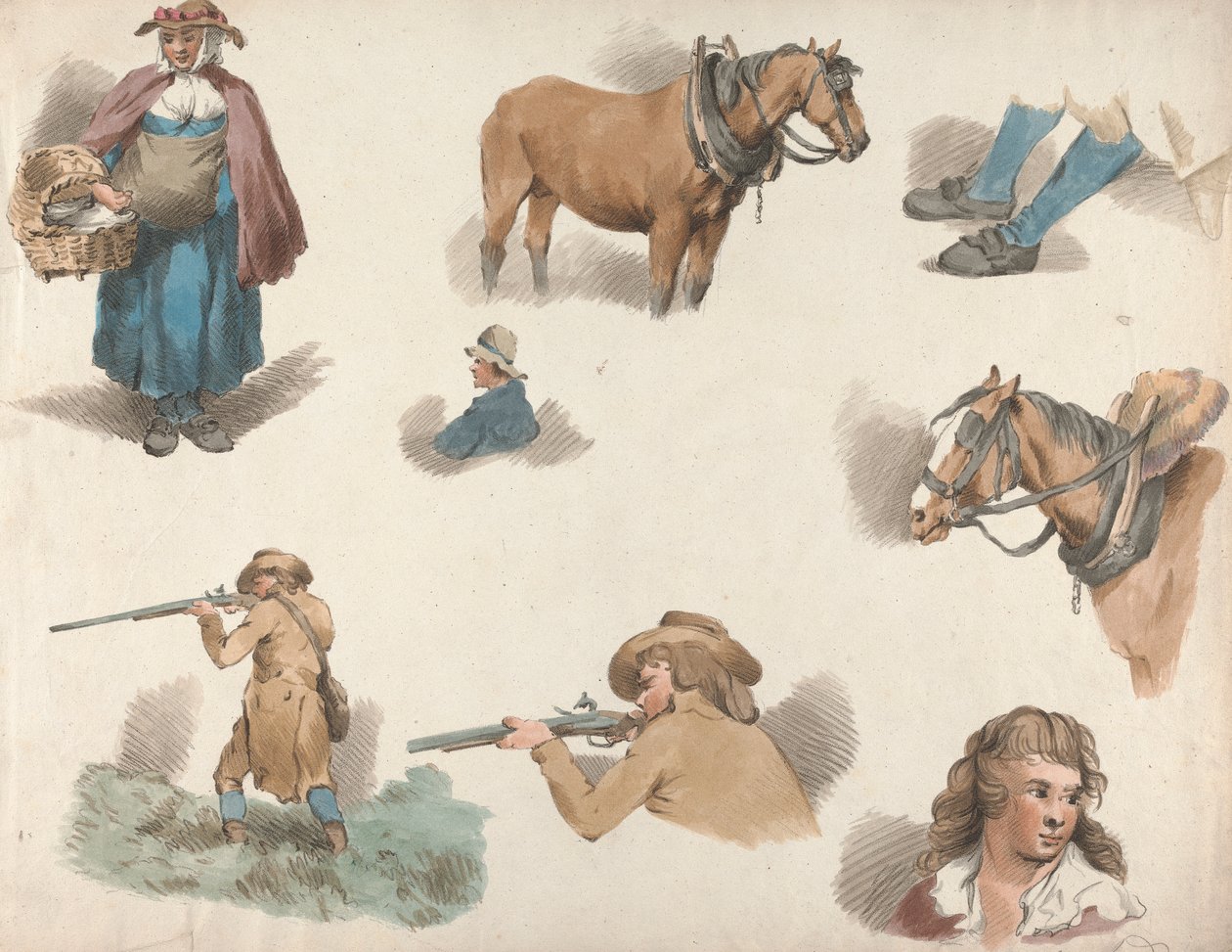 Sada pěti: Osm studií: Žena s košíkem, Blinkered Cart Horse atd. od George Morland