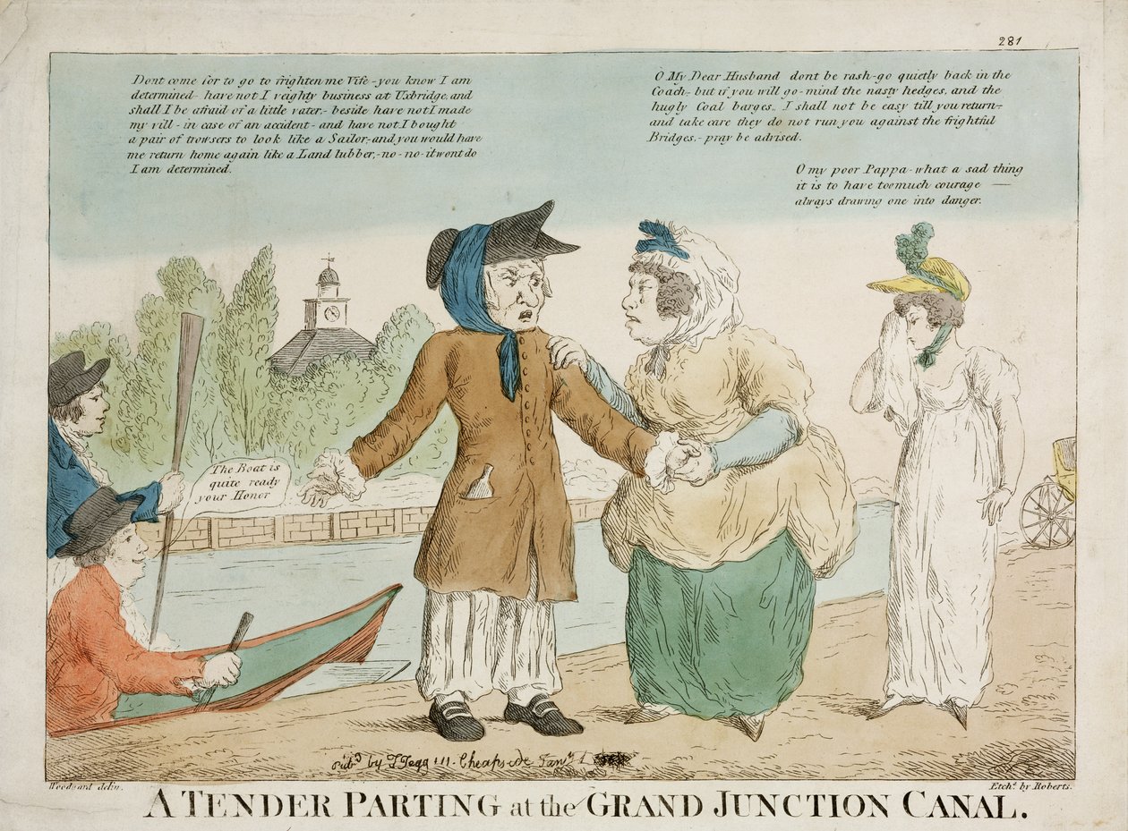 A Tender Parting u kanálu Grand Junction, rytý Roberts, 1810 (ručně kolorovaný lept) od George Moutard Woodward