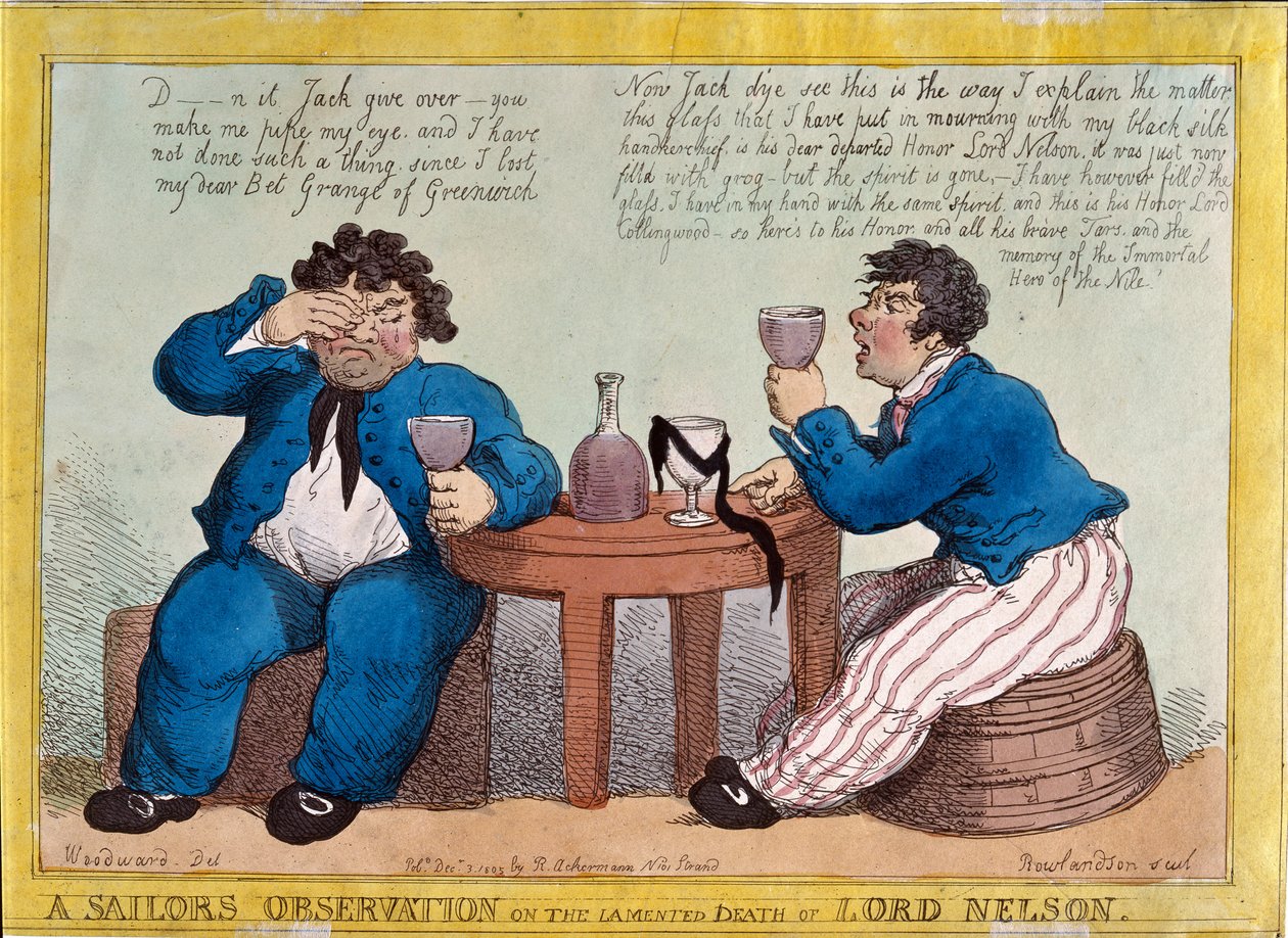 Námořnický postřeh o oplakávané smrti lorda Nelsona, vyrytý Thomasem Rowlandsonem (1756-1827), vydaný Rudolphem Ackermannem, 3. prosince 1805 (barevný lept) od George Moutard Woodward
