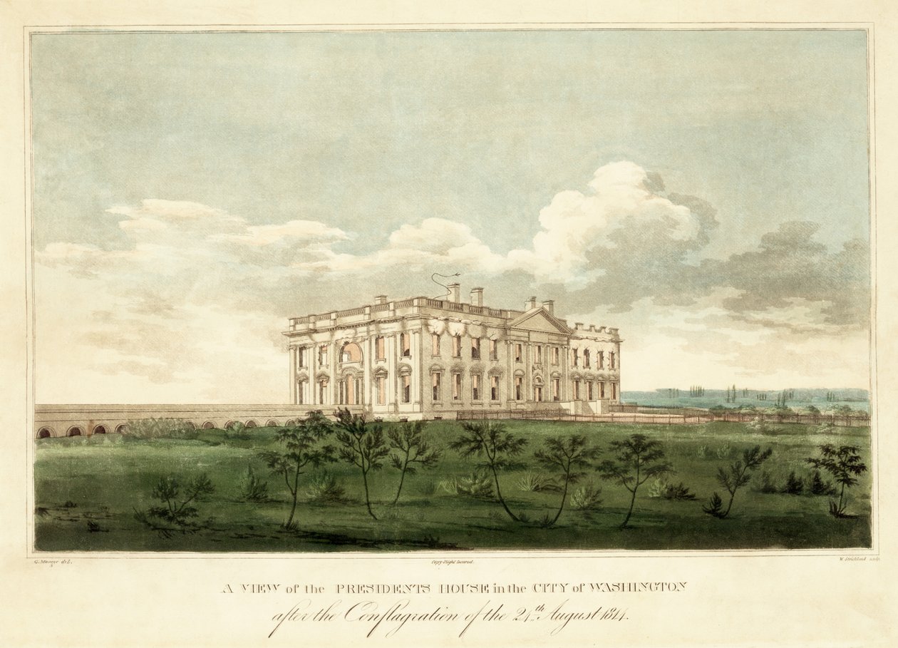 Pohled na prezidentský dům ve Washingtonu po požáru 24. srpna 1814, vyd. 1814 od George Moutard Woodward