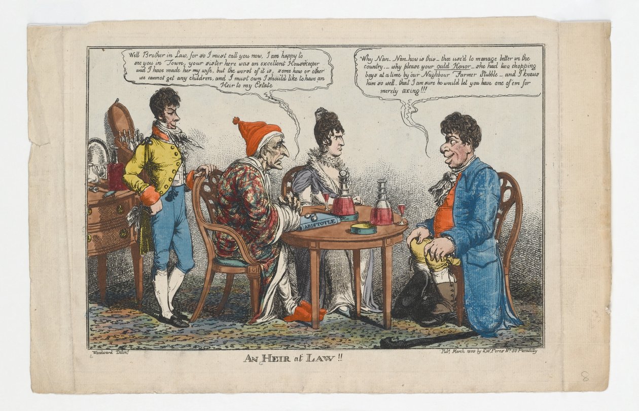 An HEIR at LAW!!, tisk Charles Williams, 1808 (ručně kolorovaná rytina) od George Moutard Woodward