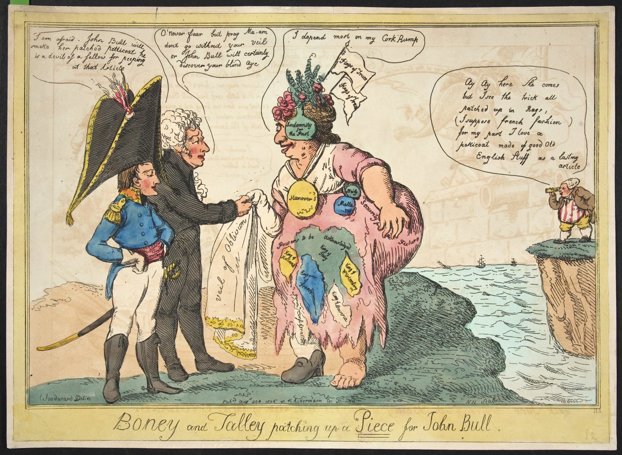 Boney a Talley opravují kus pro Johna Bulla, hospoda. 1806 (ručně kolorovaná rytina) od George Moutard Woodward