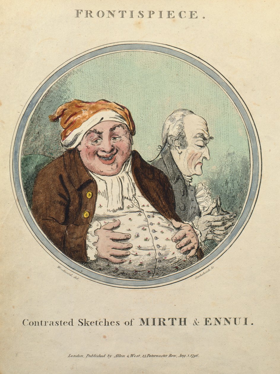 Kontrastní náčrtky Mirth and Ennui (ručně kolorovaný lept) od George Moutard Woodward