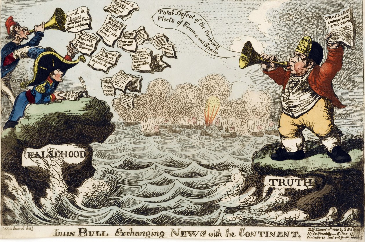 John Bull (ikona britského národa) si vyměňuje zprávy s kontinentem od George Moutard Woodward