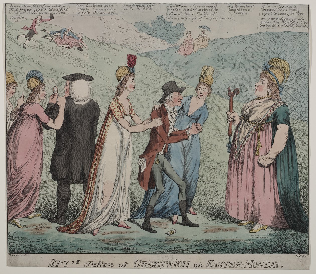 Matka Windsorová se čtyřmi kurtizánami přikazuje svým dívkám zatknout biskupa z Durhamu a vévodu z Queensbury, 1798 (barevný lept) od George Moutard Woodward