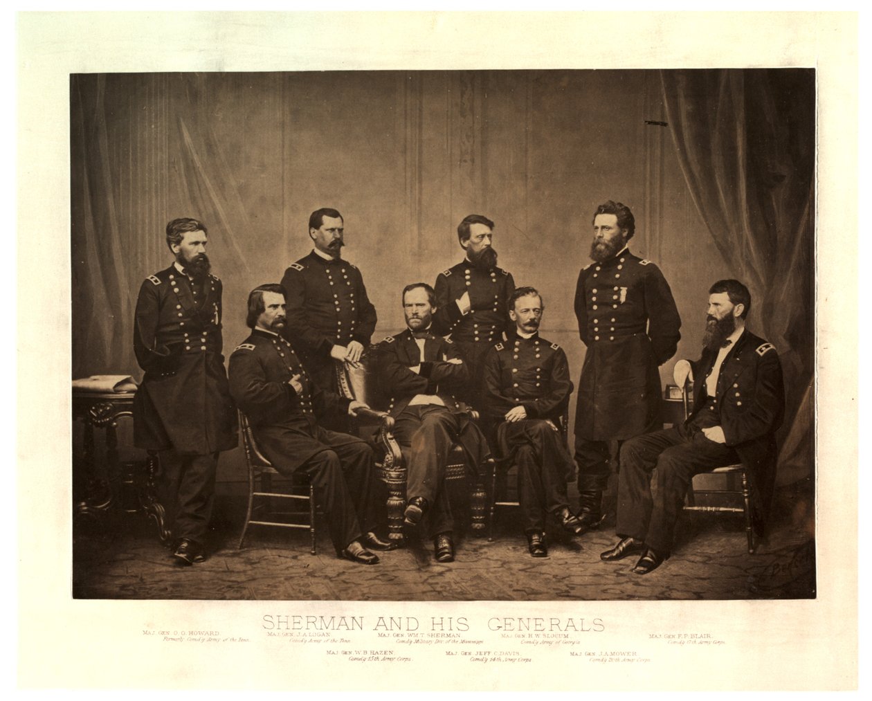 Sherman a jeho generálové [Blair přidán z jiného negativu před tiskem], 1865 (sépiová fotografie) od George N. Barnard