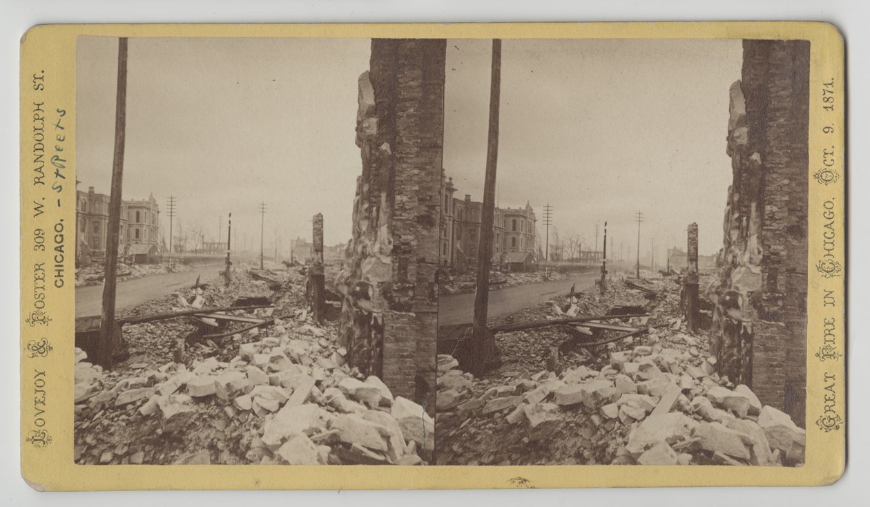 Stereograf Washington Street z rohu LaSalle Street při pohledu na východ po požáru v Chicagu v roce 1871, 1871 (černobílá fotografie na držáku karty) od George N. Barnard