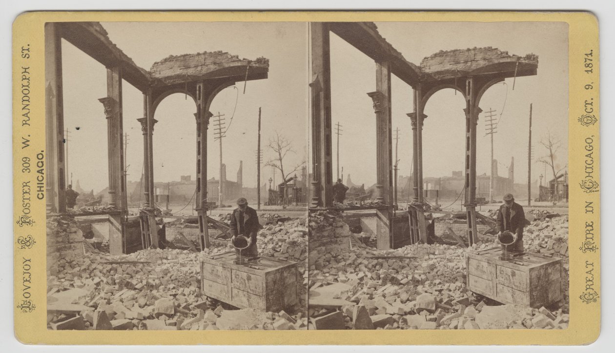Stereograf muže chladícího trezor mezi ruinami po požáru v Chicagu v roce 1871, 1871 (černobílá fotografie na držáku karty) od George N. Barnard