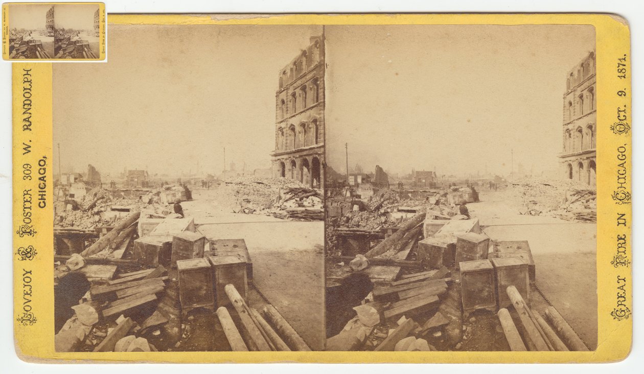Stereograf sejfů pořízených z ruin na Dearborn Street po požáru v Chicagu v roce 1871, 1871 (černobílá fotografie na držáku karty) od George N. Barnard