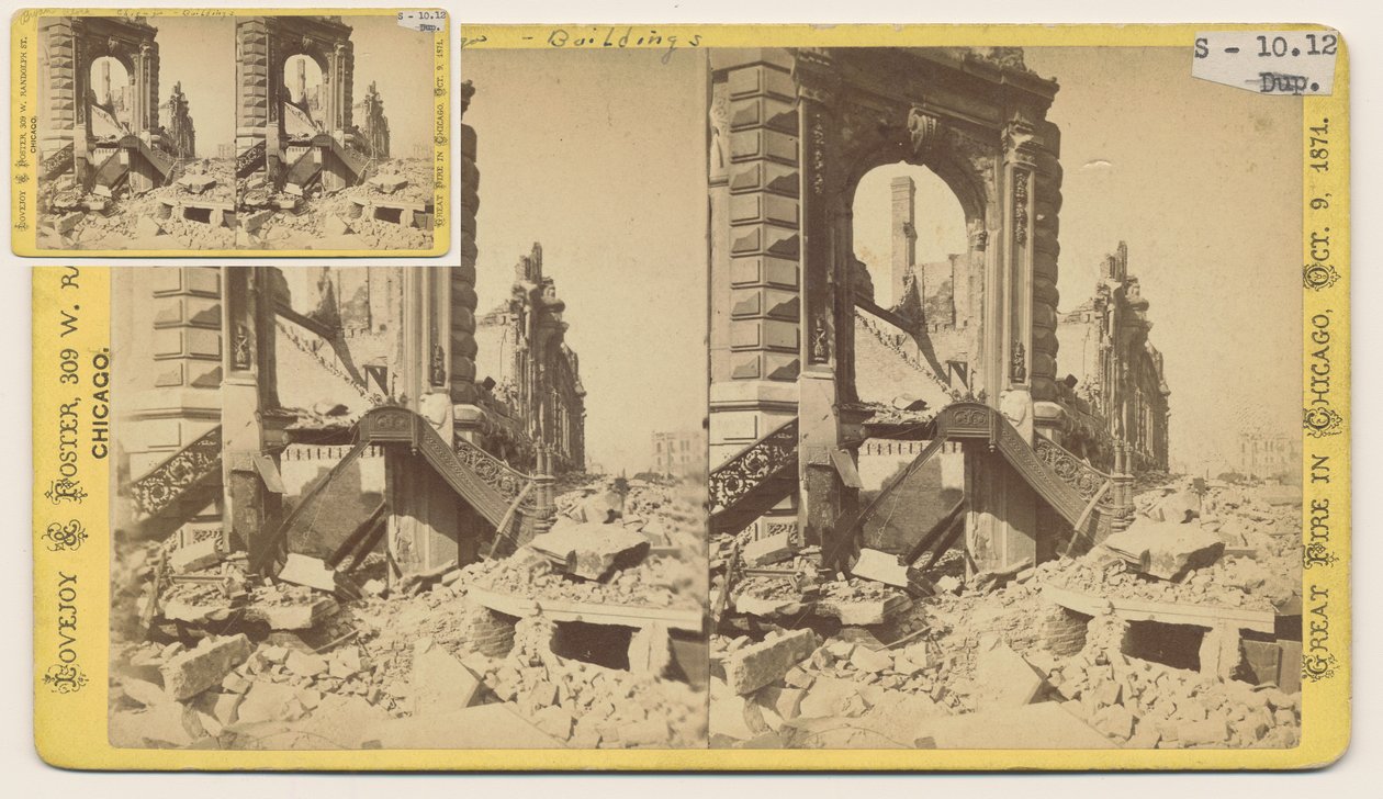Stereograf Bryan Block v severozápadním rohu ulic Monroe a LaSalle po požáru v Chicagu v roce 1871, 1871 (černobílá fotografie na držáku karty) od George N. Barnard