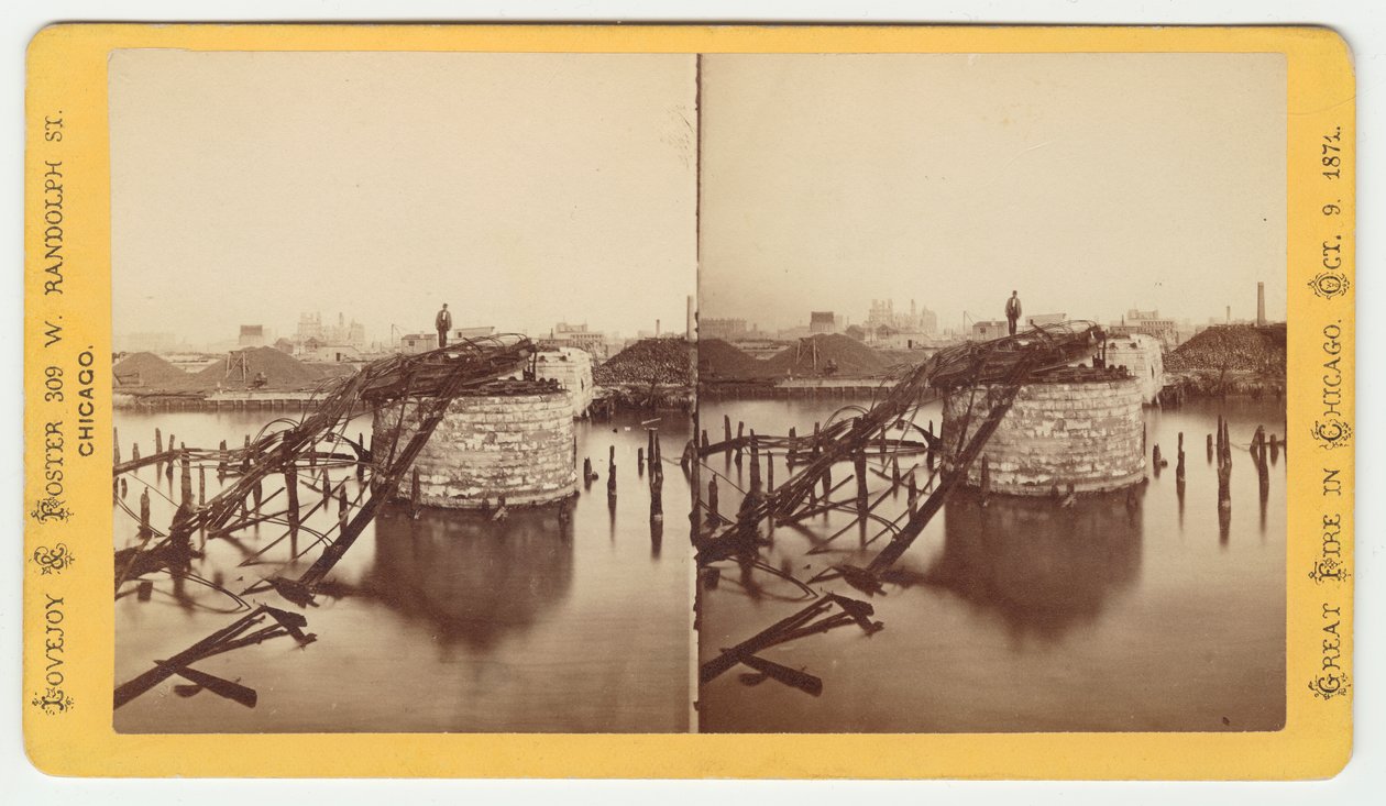 Stereograf mostu Van Buren Street po požáru v Chicagu v roce 1871, 1871 (černobílá fotografie na držáku karty) od George N. Barnard