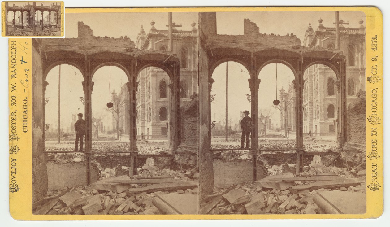 Stereograf soudní budovy při pohledu přes ruiny východní strany Clark Street po požáru v Chicagu v roce 1871, 1871 (černobílá fotografie na držáku karty) od George N. Barnard