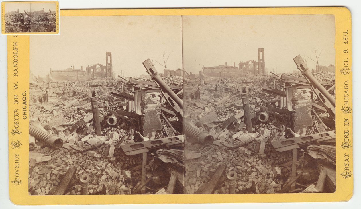 Stereograf zřícenin Mammoth Store of Field & Leiter po požáru v Chicagu v roce 1871, 1871 (černobílá fotografie na držáku karty) od George N. Barnard
