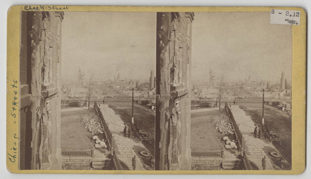 Stereografický pohled na Clark Street po požáru v Chicagu v roce 1871 od George N. Barnard