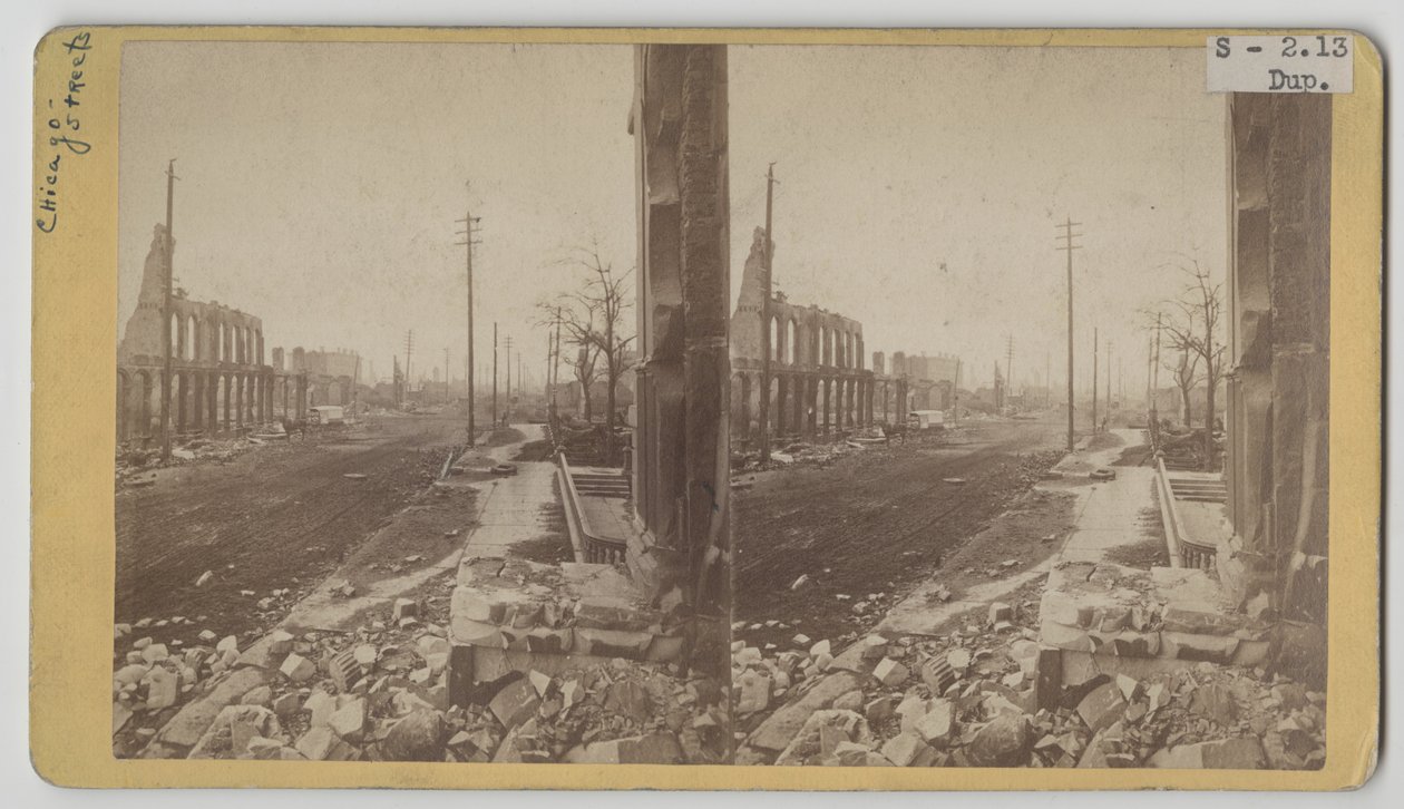 Stereografický pohled na Clark Street po požáru v Chicagu v roce 1871 od George N. Barnard