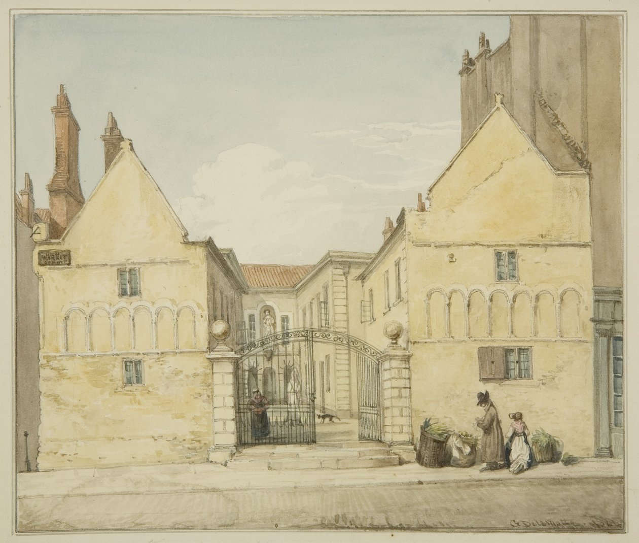 Barnstaple Almshouses, Trinity Hospital, Old Market (tužka a akvarel na papíře) od George Orleans Delamotte