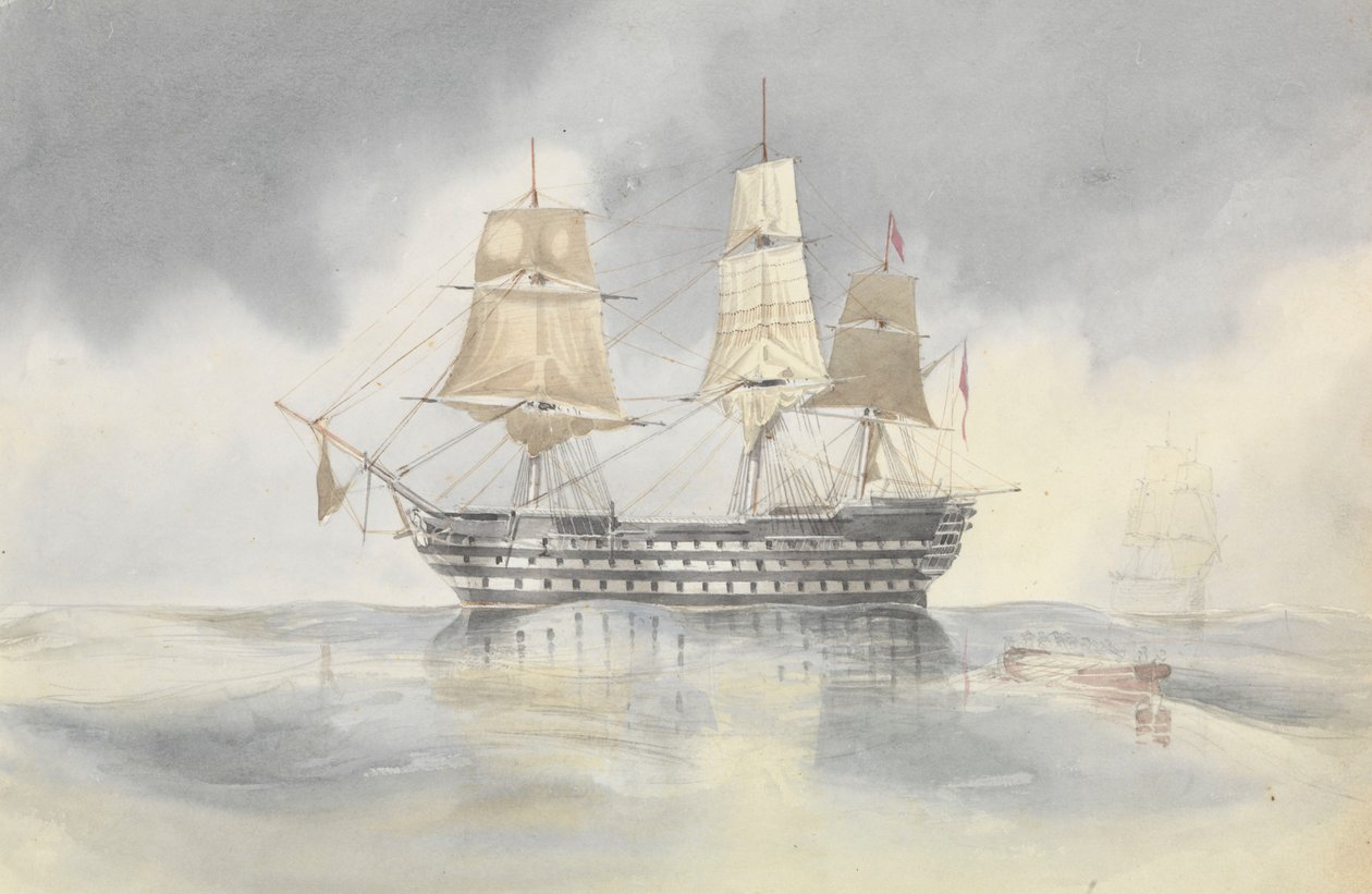 Britannia" se za klidného počasí přiblížila k lodi plující pod vlajkou kontradmirála Dundase, pravděpodobně poblíž mysu Carthage, 27. dubna 1852. od George Pechell Mends