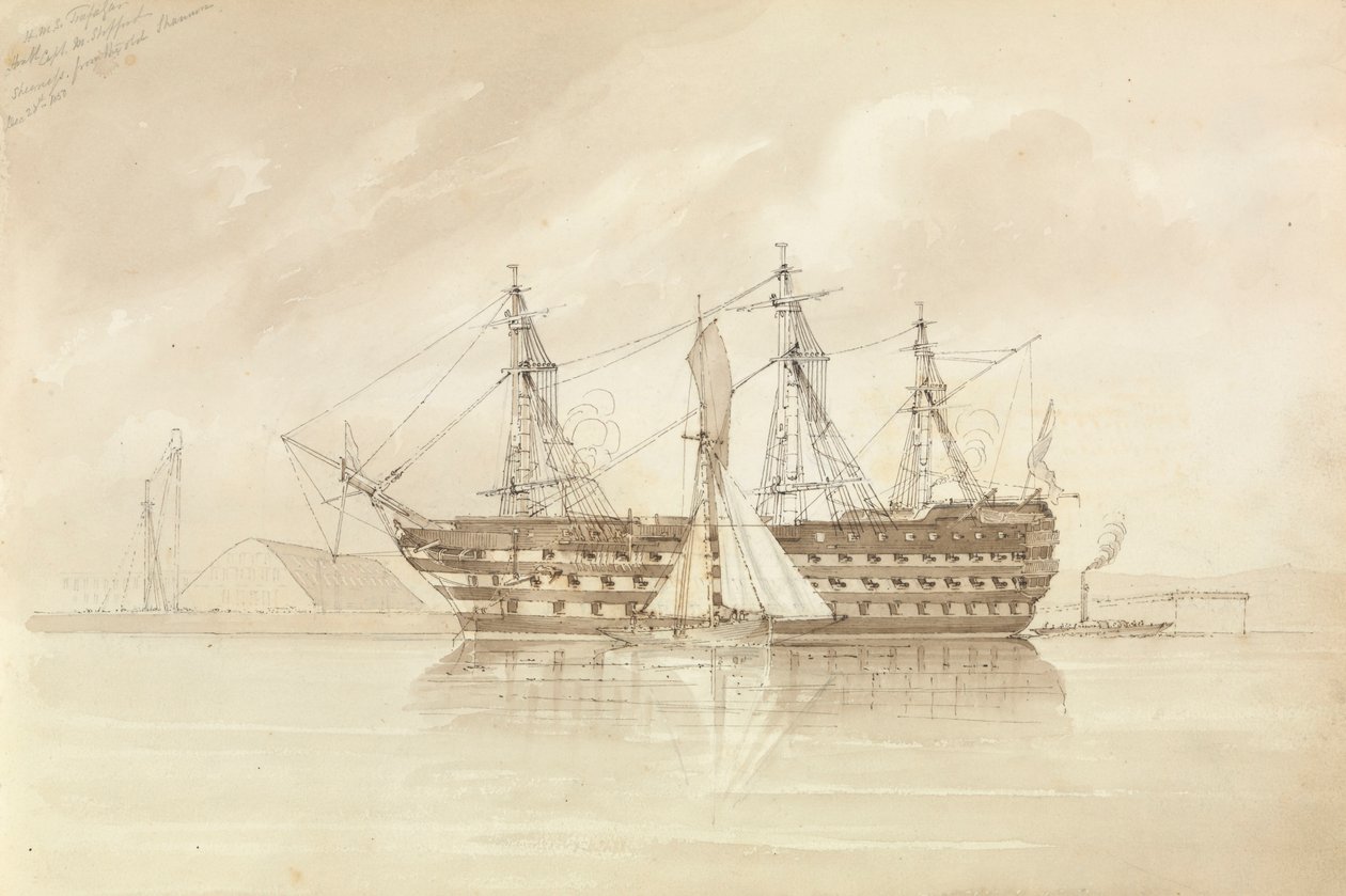 HMS "Trafalgar" u Sheerness, z lodi "Shannon", 28. prosince 1850 od George Pechell Mends