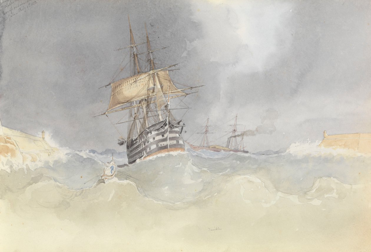 Loď HMS "Trafalgar" vplouvá do maltského přístavu se ztrátou kormidelní hlavy po vichřici, 9. února 1852 od George Pechell Mends