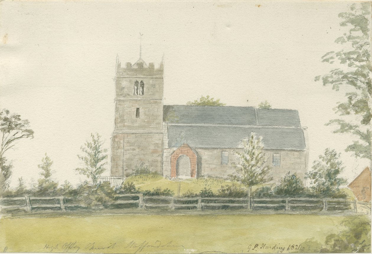 High Offley Church: malba vodovými barvami, 1821 od George Perfect Harding