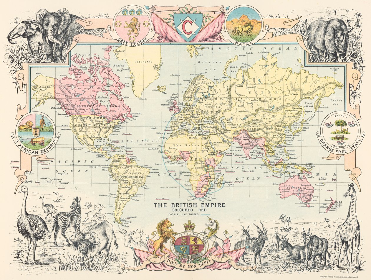 Mapa britského světového impéria z Castle Line Atlas of South Africa od George Philip