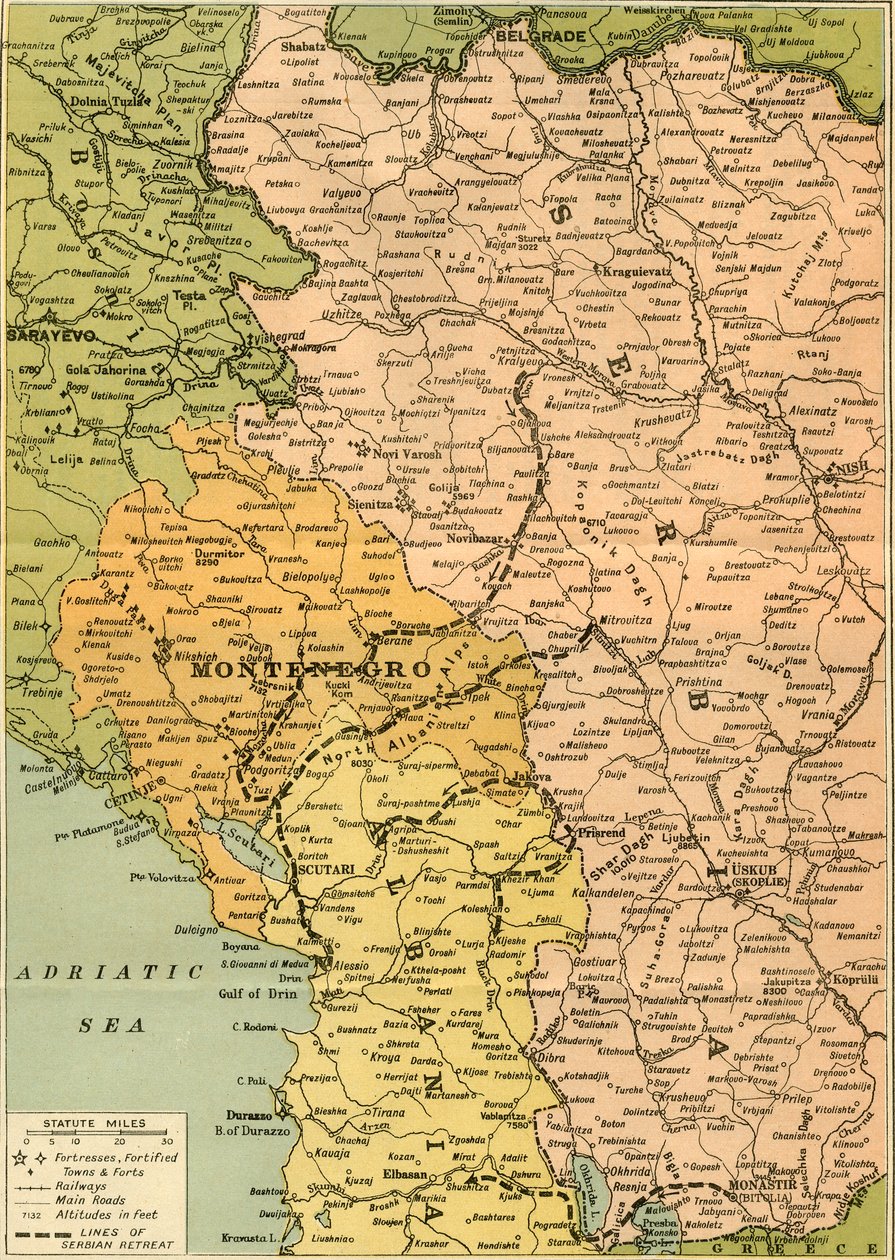 Mapa pro ilustraci srbského ústupu, 1919. od George Philip and Son Ltd