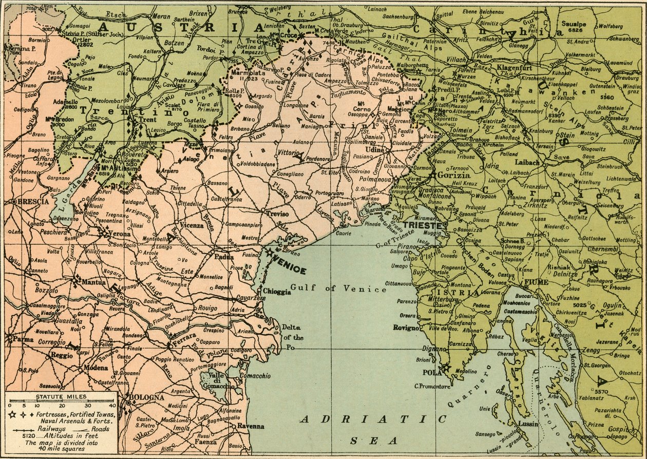 Mapa italské bojové fronty, 1919. od George Philip and Son Ltd