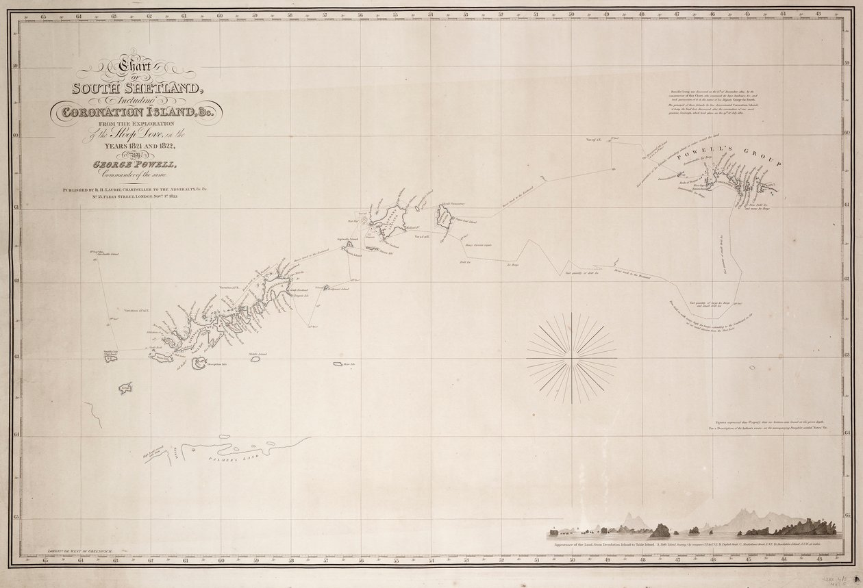 Mapa Jižních Shetland včetně ostrova Coronation z průzkumu šalupy Dove v letech 1821 a 1822, který provedl George Powell, velitel téže šalupy. od George Powell