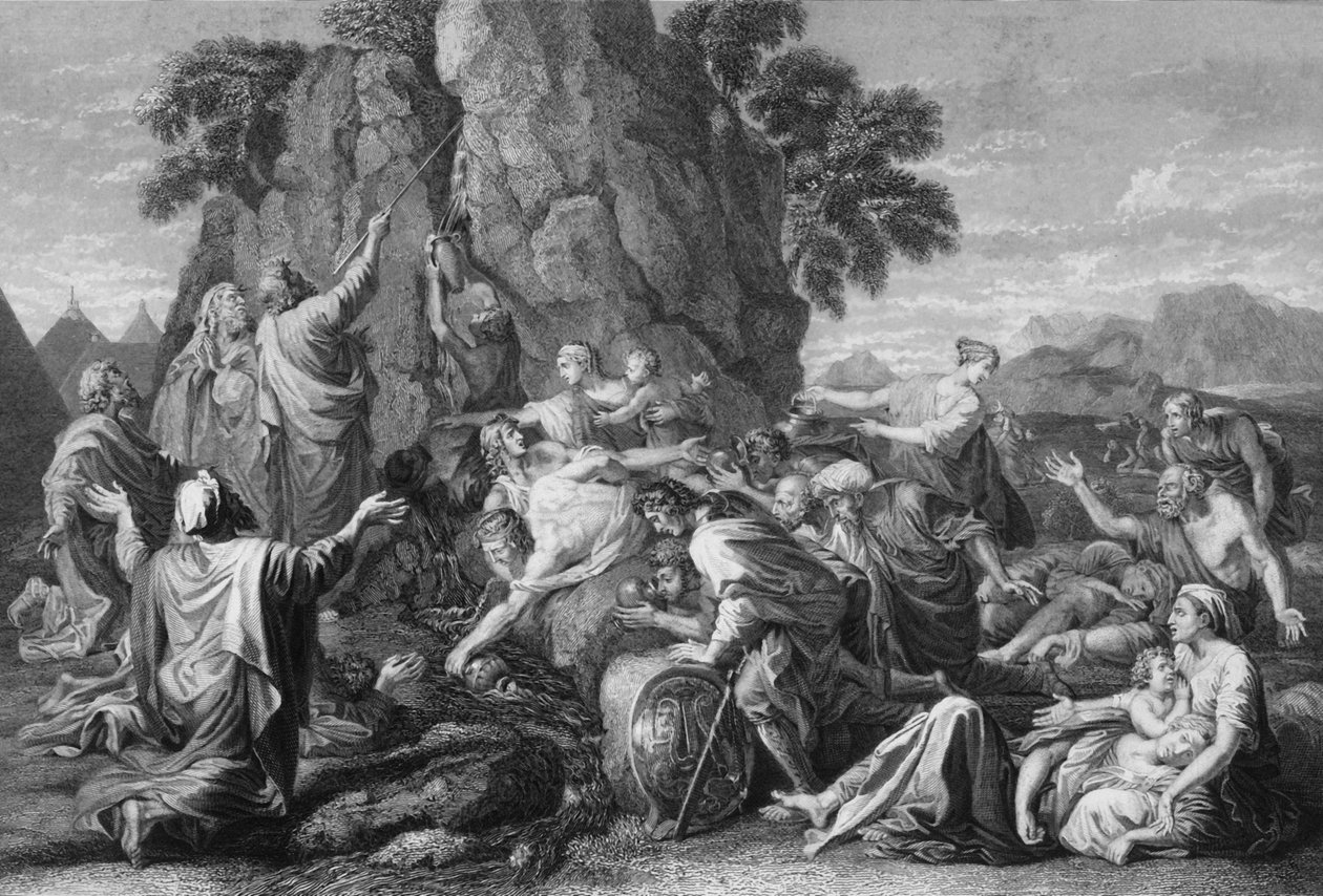 Mojžíš dvakrát udeřil do skály a voda vyšla hojně, 1840. od George Presbury