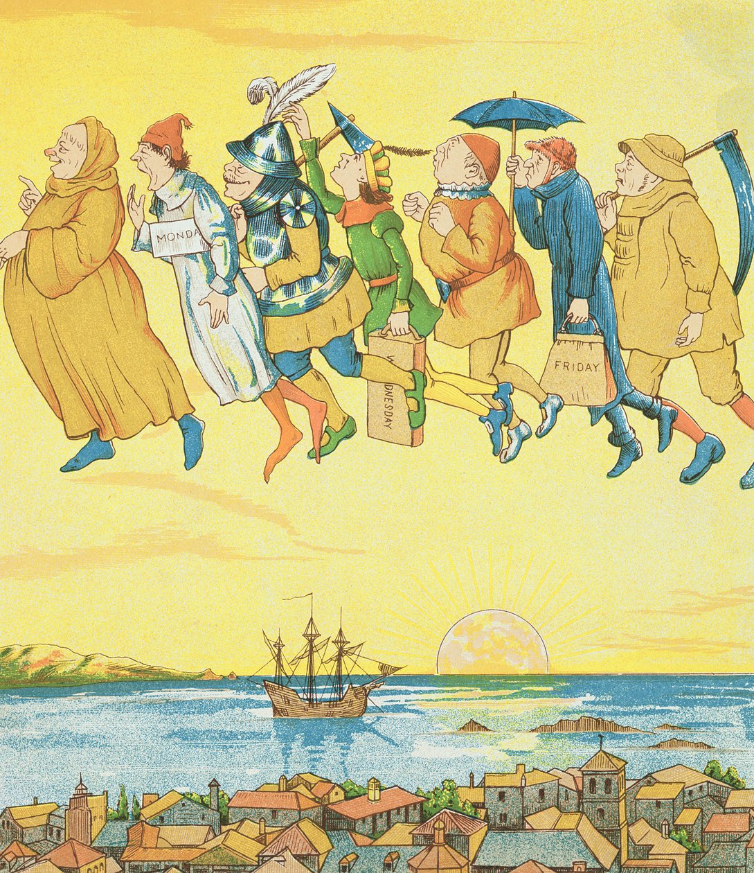 Dny v týdnu, ilustrace z knihy Rumpelstiltskin od George R. Halkett
