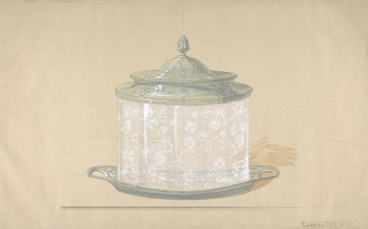 Design pro skleněnou krabičku se stříbrnou základnou a víkem, 1820-65. od George Richards Elkington