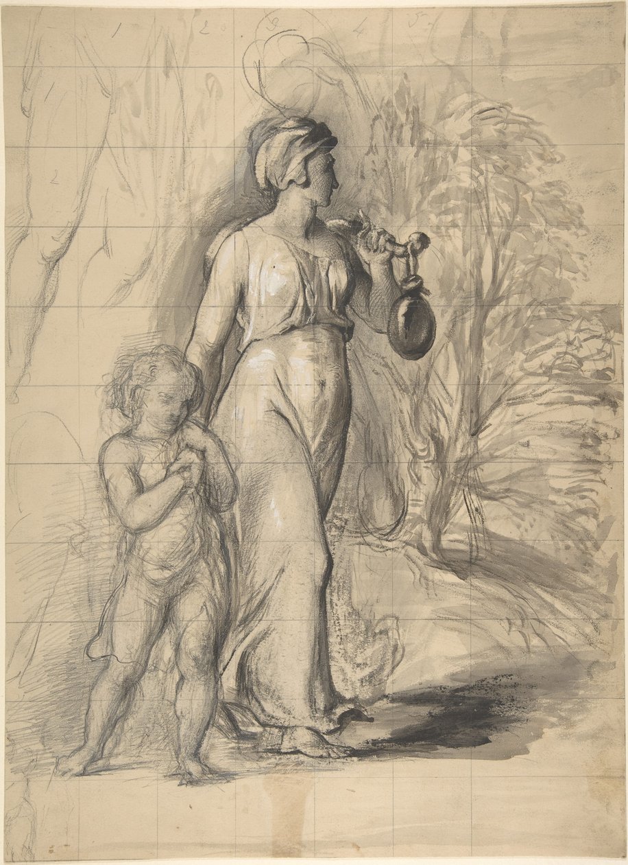 Hagar a Izmael na poušti (recto); dvě portrétní studie umělcovy manželky a studie nohy a trupu (verso) od George Richmond