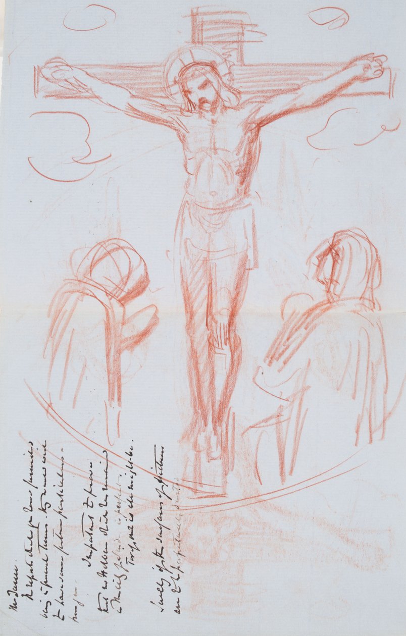 Study of Crucifixion, c.1857 (červená a černá křída na šedo-modrém papíru s vodoznakem) od George Richmond