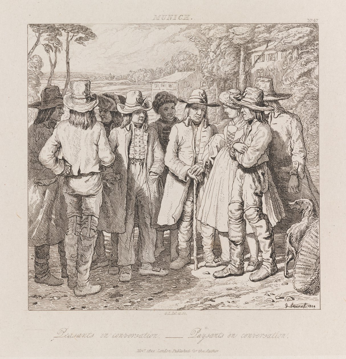 Rolníci konverzující, Mnichov, kolem roku 1821 (lept) od George Robert Lewis