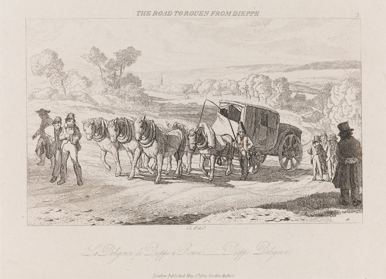 Cesta do Rouen z Dieppe, Diligence, ca. 1821 (lept) od George Robert Lewis