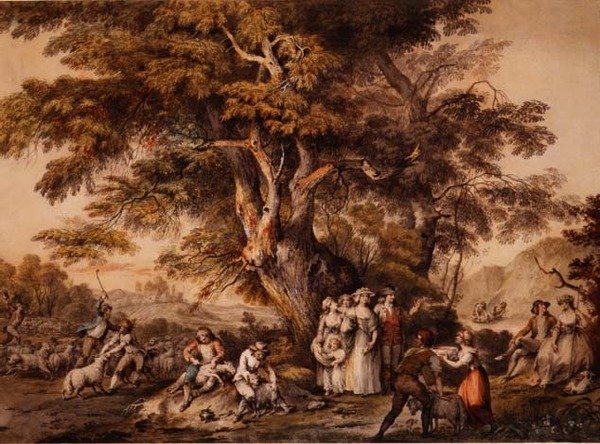Léto: Stříhání ovcí, cca 1780 (akvarel a tělová barva na papíře) od George Robertson