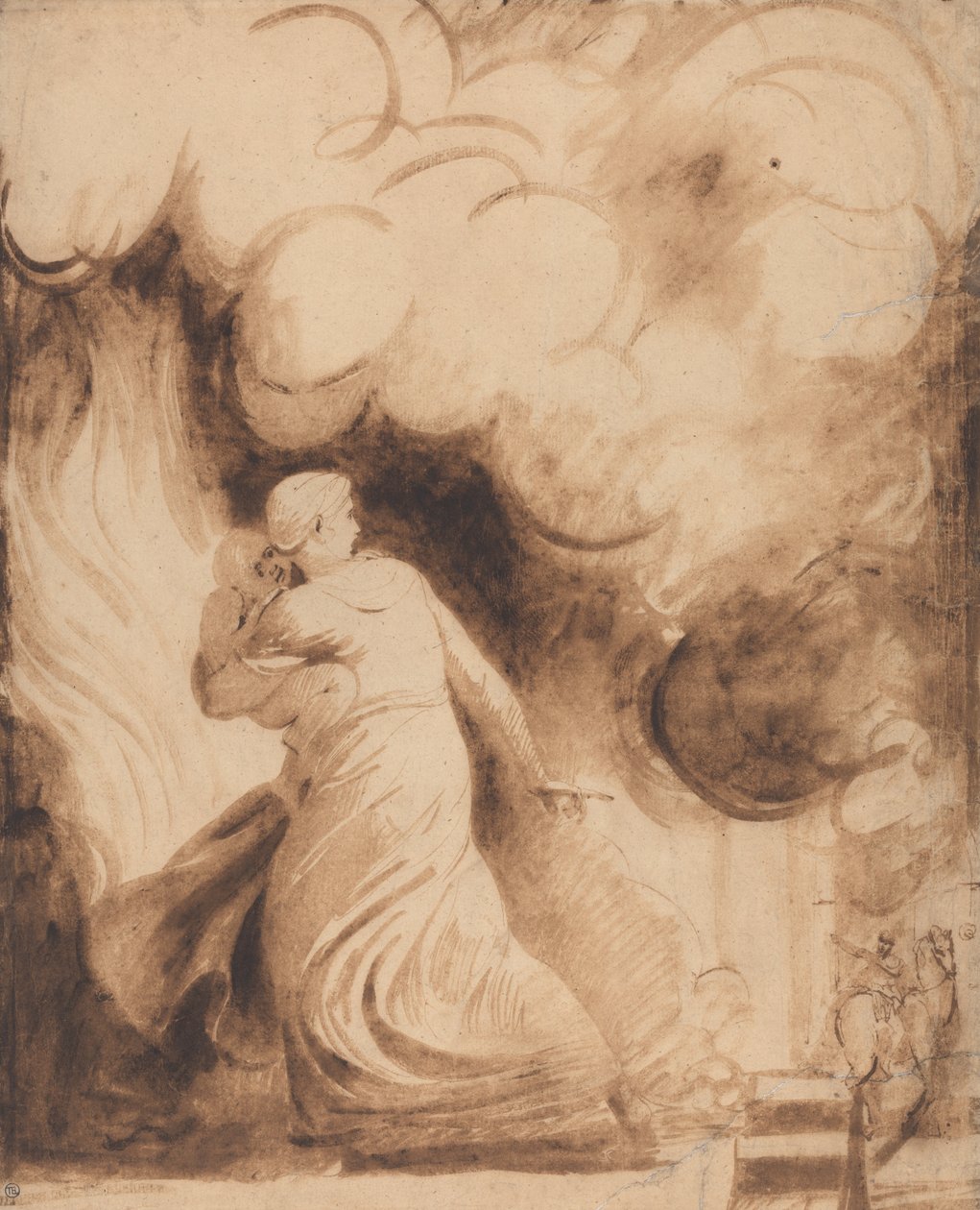 Matka s dítětem v náručí letící na hradbách města v plamenech (Lady Hamiltonová jako "Andromache" prchající z hořící Tróje; Oheň) od George Romney