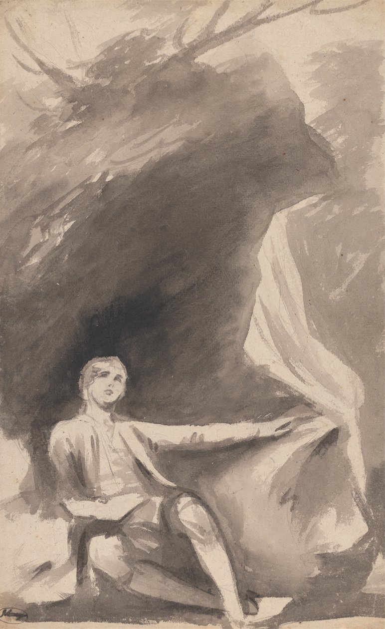 Chlapec sedící pod skálou od George Romney