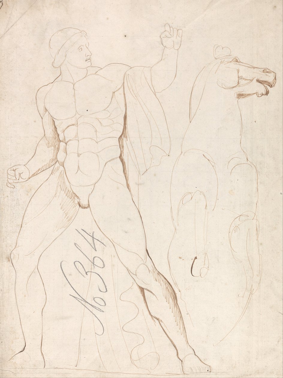 Klasický mužský akt s chovným koněm od George Romney