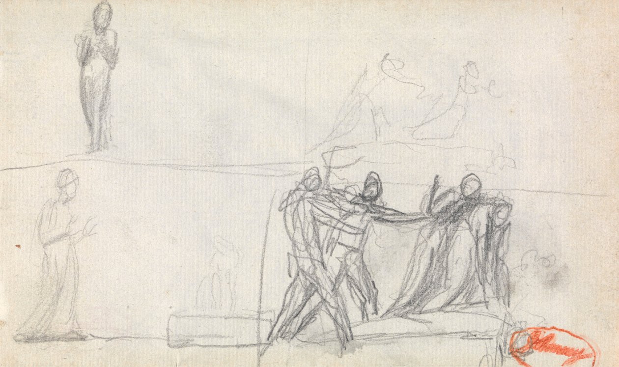 Skupinová scéna a dvě skici stojící postavy od George Romney
