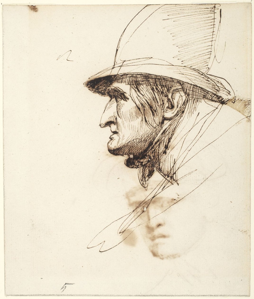 Hlava muže v profilu s velkým kloboukem od George Romney