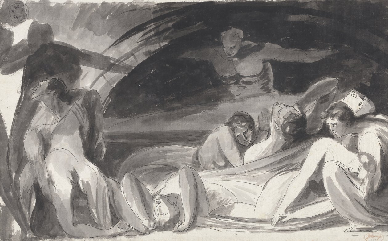 Howard Visiting a Prison (pero a inkoust a omyjte grafit na položený papír) od George Romney