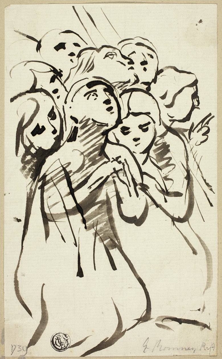 Klečící postavy schoulené k sobě od George Romney