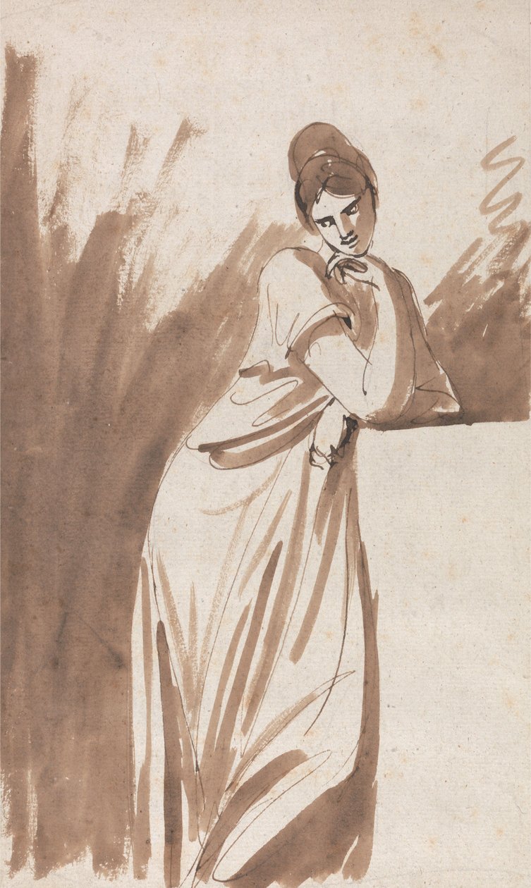 Dáma opírající se o podstavec (pravděpodobně skica k dílu „Slečna Woodleyová“) od George Romney