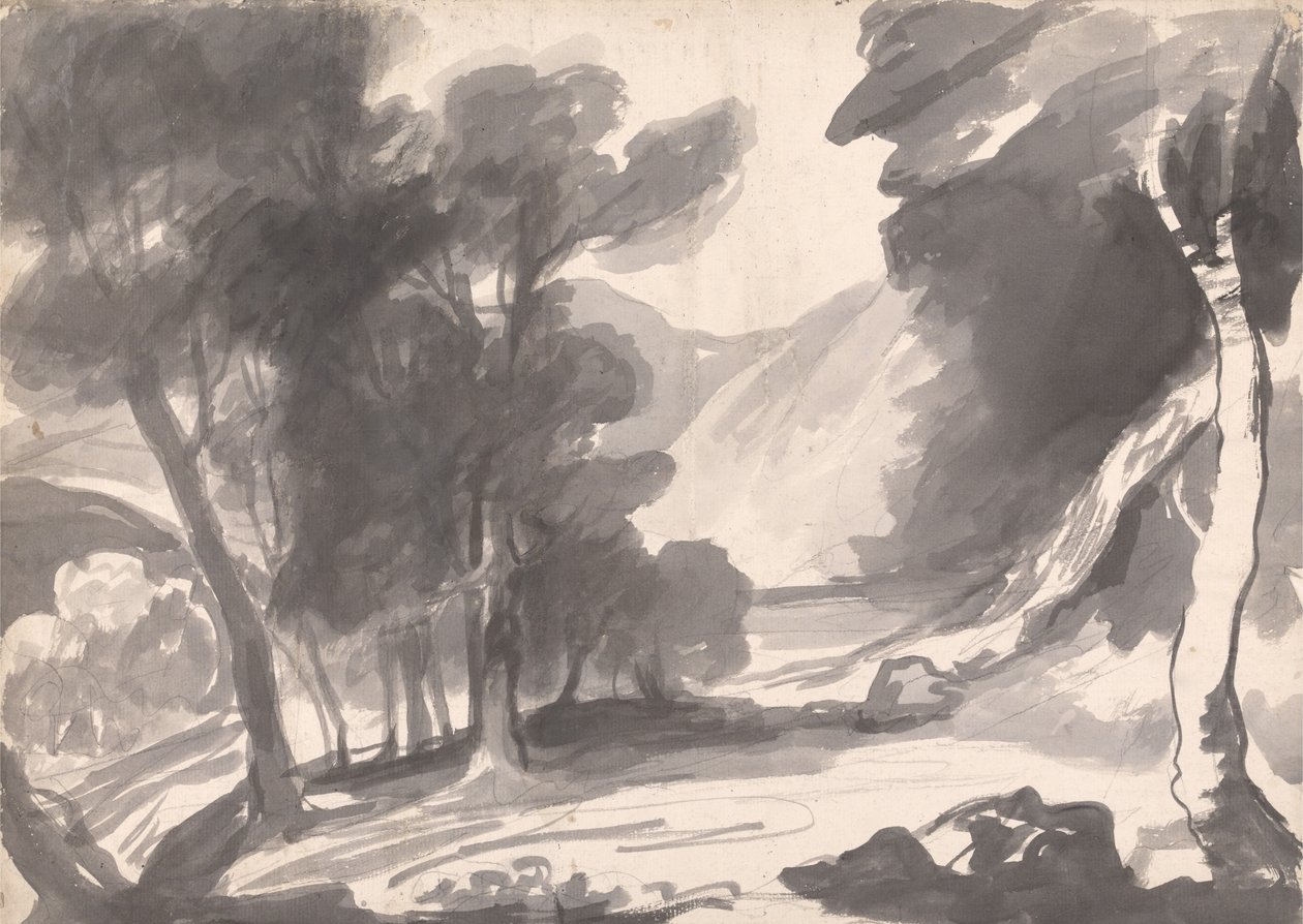 Krajinová studie: hájek, jezero a hory od George Romney